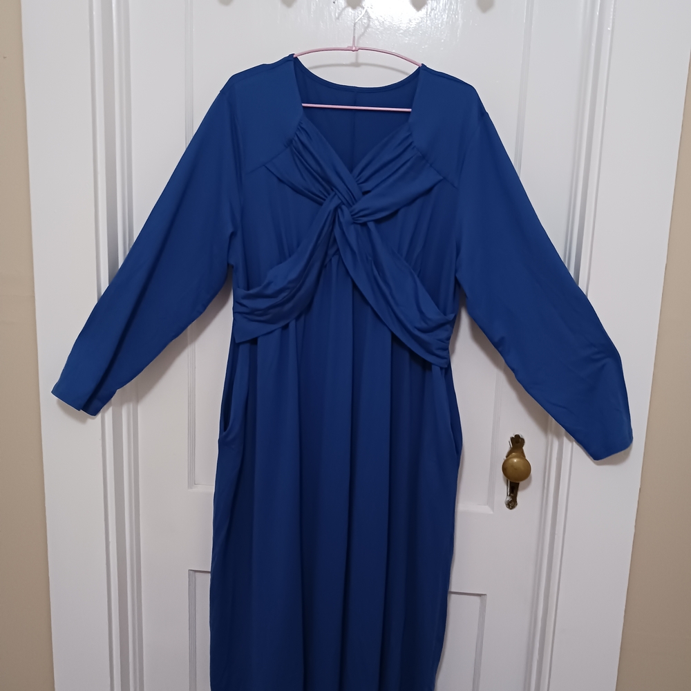 Blue Pleated Tie Front Long Sleeve Dress